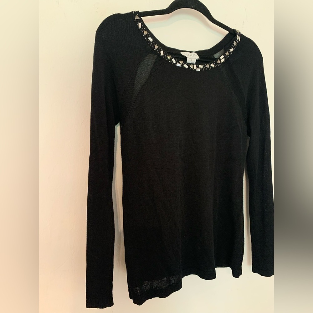Carmen Marc Valvo Beaded Neckline Top Black S Sweater New Years Old Money Glam - Picture 3 of 12